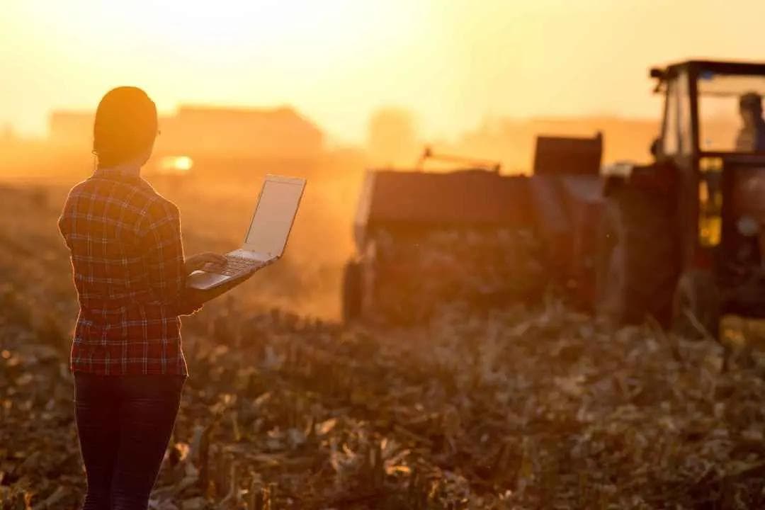 Person standing by farm equipment with a laptop